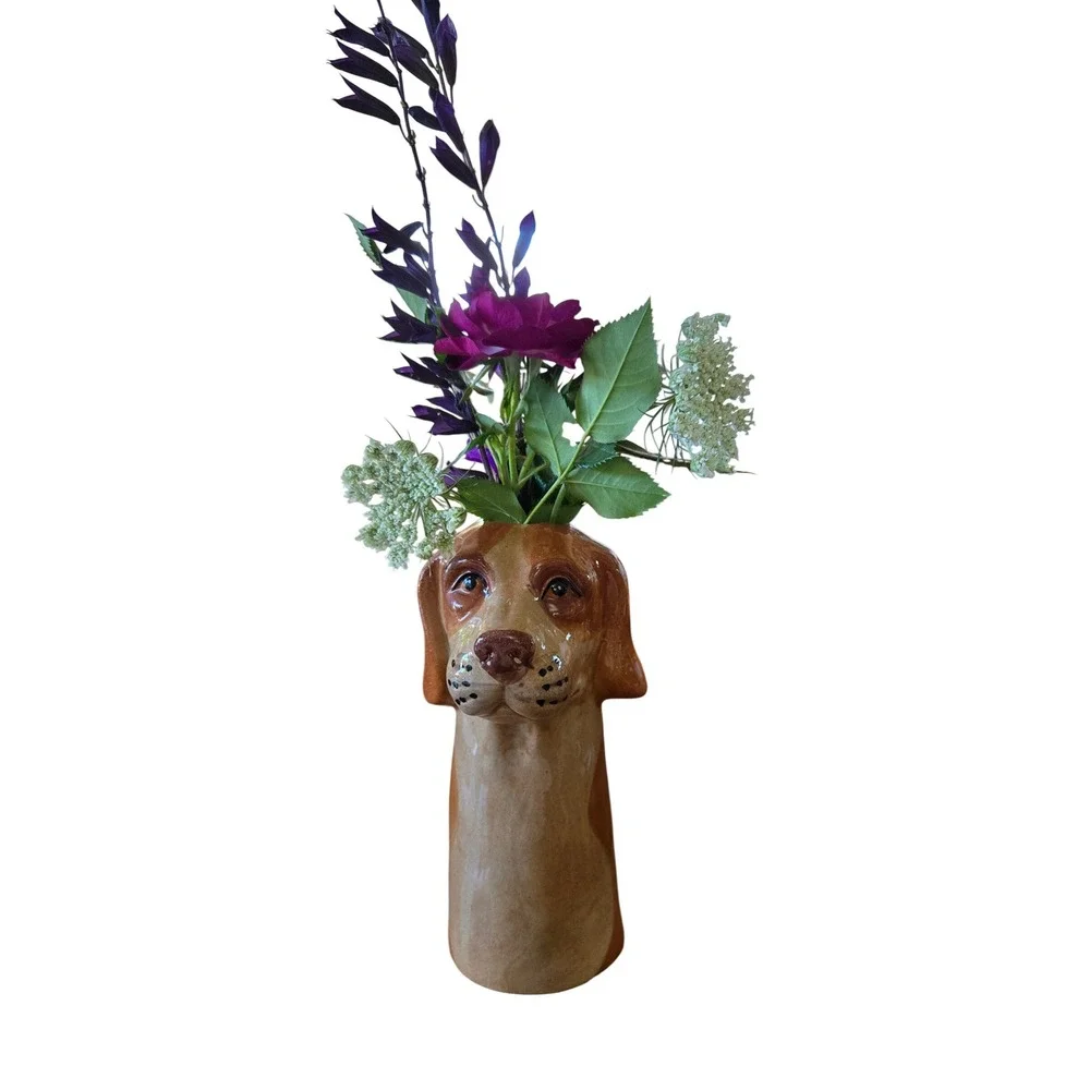 Kitschy Ceramic Hound Dog Bud Vase Hand Painted Glossy Glaze Brown Tan 7 Inch
